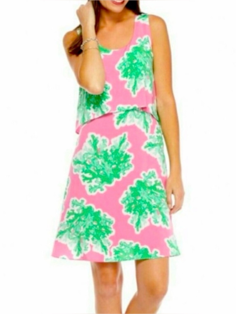 crown & ivy Pink and Green Printed High-Low Sleeveless Dress